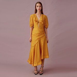 NWOT Keepsake mustard dot print ruched midi dress
